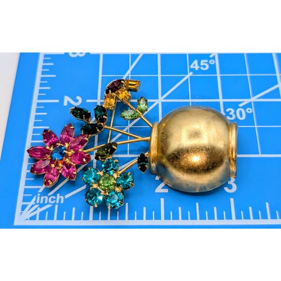 VTG Mid-Century Multi-Color Glass Stone Flowers in Gold Tone Flower Pot Brooch - Picture 8 of 9